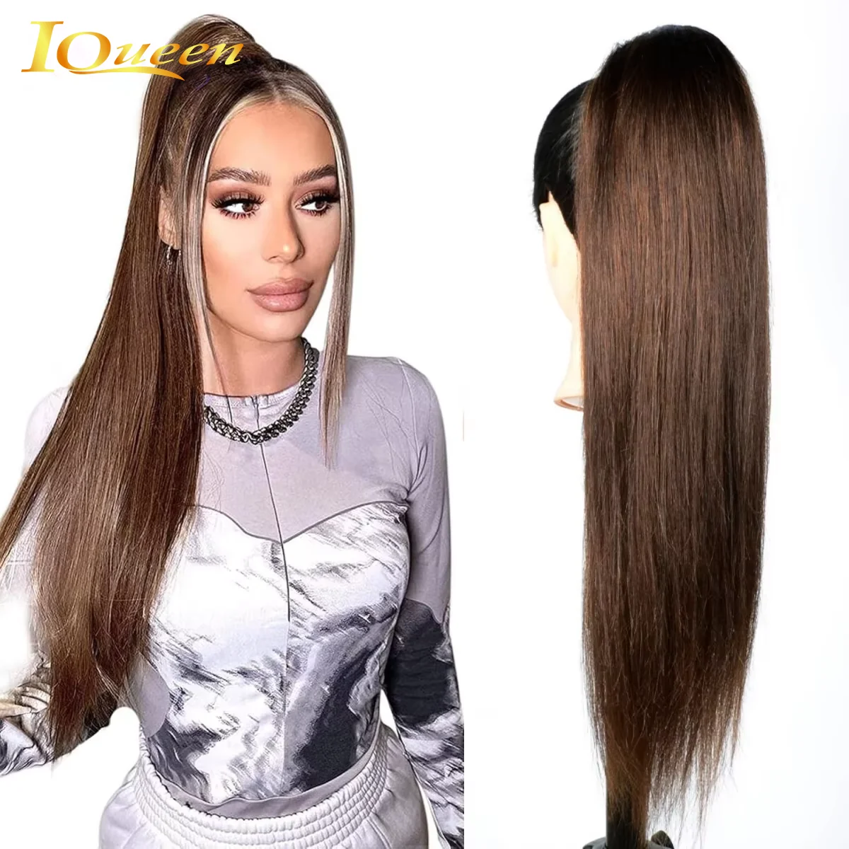 Ponytail Human Hair Brazilian Hair Long Straight Drawstring Ponytail Color #4 Medium Brown 16-26 Inch Clip In Hair Extensions