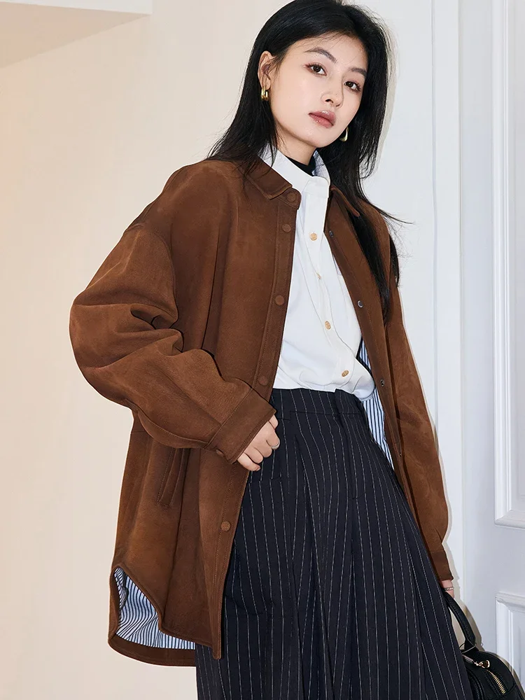 Vestes en cuir véritable rétro pour femmes, manteau en peau de chèvre véritable, simple, mi-long, haut de gamme, décontracté, printemps, automne, nouveau, 2025