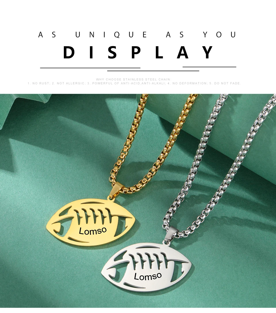 Lemegeton Benutzer definierte Name Rugby Halskette Edelstahl Schmuck Männer Frauen American Football Anhänger Neujahr Valentinstag Geschenke – Detail 5