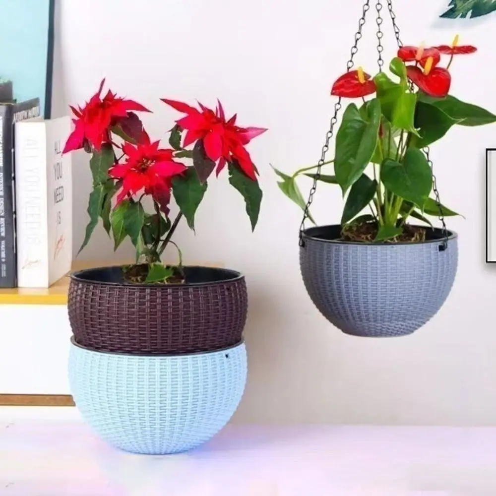 

Garden Decoration Plastic Woven Plaited Baskets with Chain Home Decor Houseplant Flowerpot Round Hanging Flower Pots Balcony