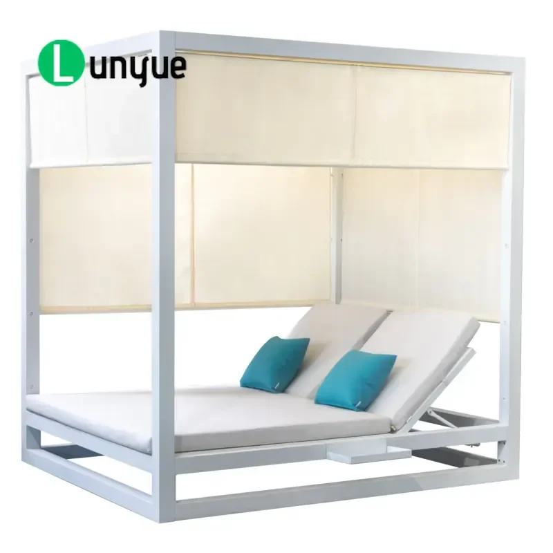 Waterproof Brushed Aluminum Double Lounger Square Outdoor Sofa Bed for Hotel Garden Swimming Pool Patio Sun Bed