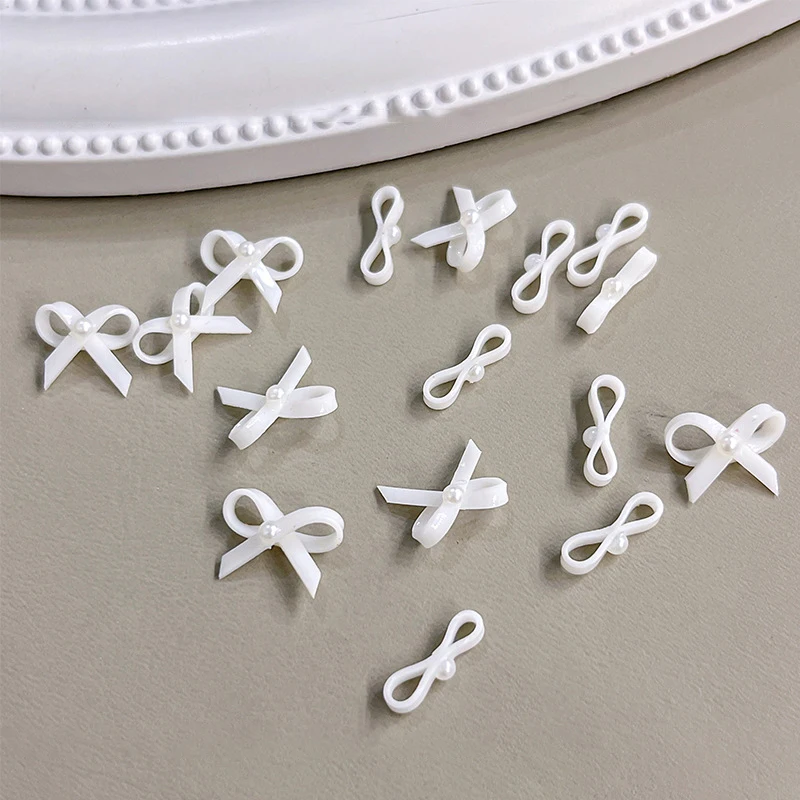 5pcs Ribbon Ballet Style Soft White Bow Nail Charms Parts Cute Ribbon Bow Pearl Nail Rhinestones Diy Nail Art Decor Accessories