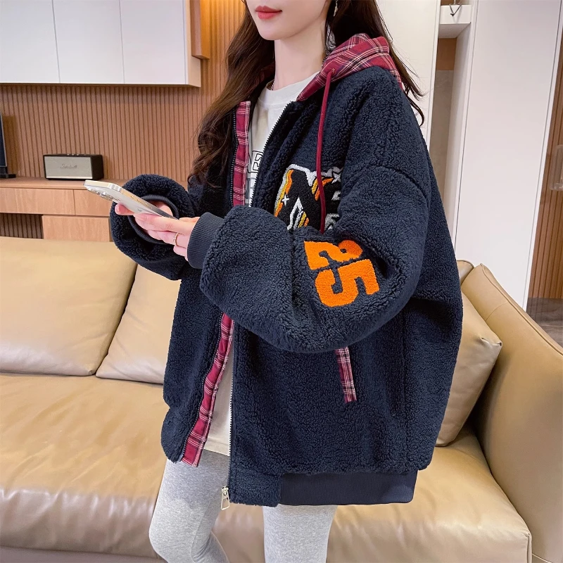 

Women's Winter Plaid Patchwork Layered Hooded Padded Coat Warm Thickened Loose Oversized Fleece Lined Lamb Wool Outerwear
