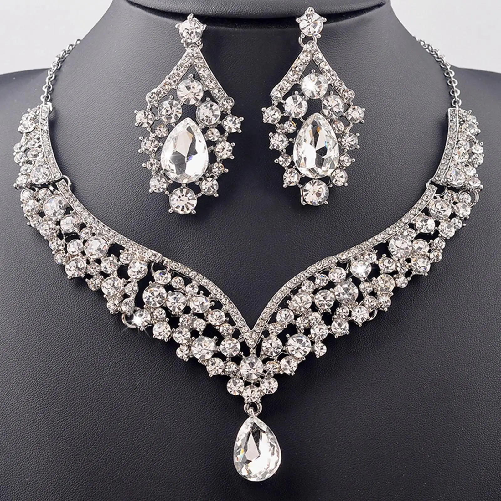 Trendy Bridal Jewelry Set Rhinestone Necklace Earrings Bride Jewelry Crystal Wedding Necklace Earrings for Wedding Party