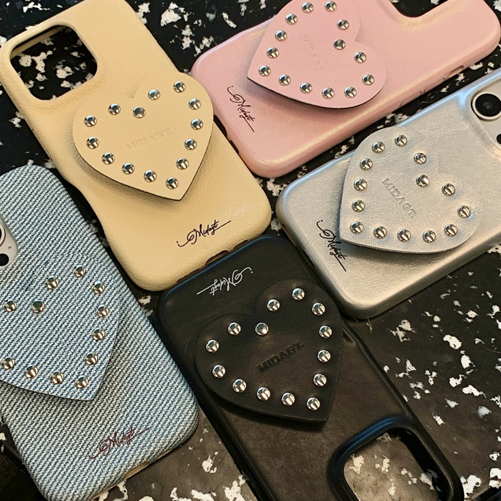 

Retro Advanced Polychrome Rivet Love With Holder Leather Shock Proof Phone Cover Case for iPhone 17 16 15 14 13 Pro Max
