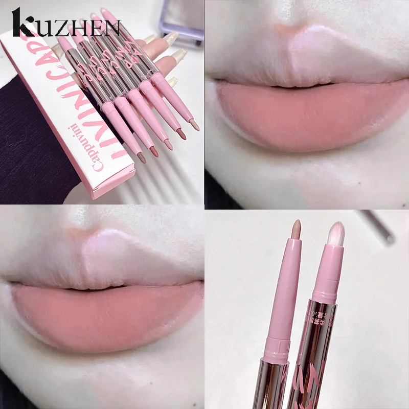 Cappuvini 1PCS Double-headed Nude Lip Liner With Fluffy Lip Brush Lip Makeup Long Last Velvet Matte Mist Lipstick Outline Lips