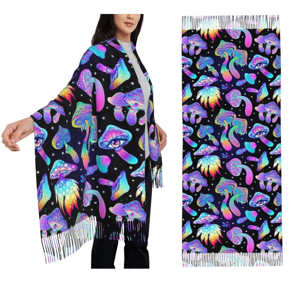 

Психоделический шарф Trippy Mushroom, шарфы с кисточками, женские мягкие теплые шали и накидки, большая осенне-зимняя шаль