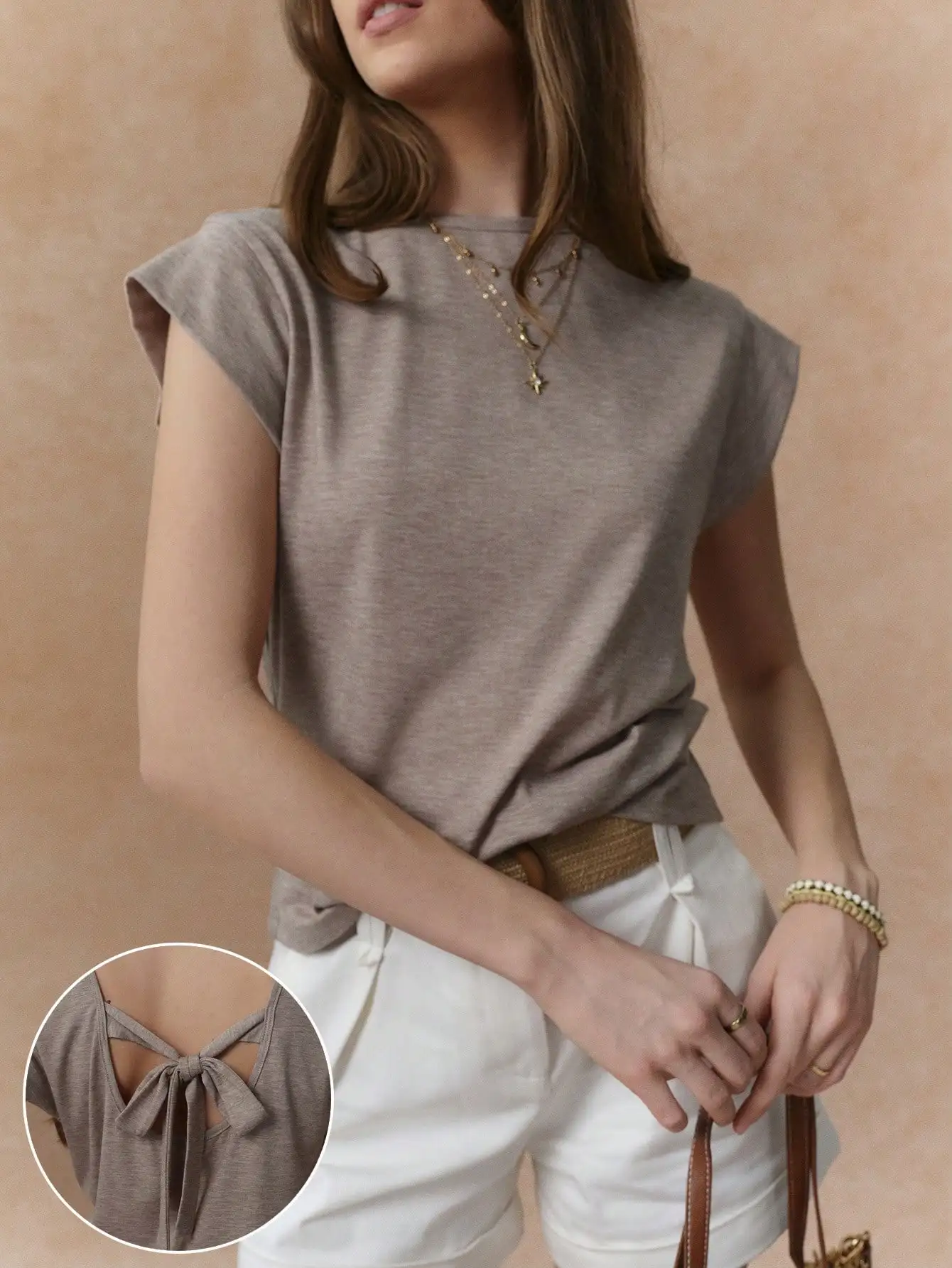 

Nice Elegant Loose Round Neck Mocha Brown Back Strap Bow Spring And Summer Women's T-shirt