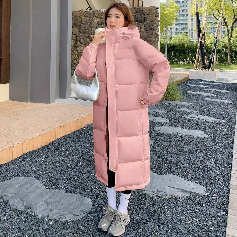 Chaqueta de plumón extendida para mujer, versión coreana 2024, con capucha por encima de la rodilla, chaqueta negra de invierno estilo Academia China tanto