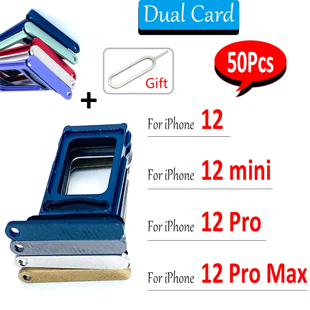 50Pcs，NEW Dual Card SIM Card Tray Chip drawer Slot Holder Adapter Socket Accessories + Pin For iPhone 12 Pro Max 12 mini