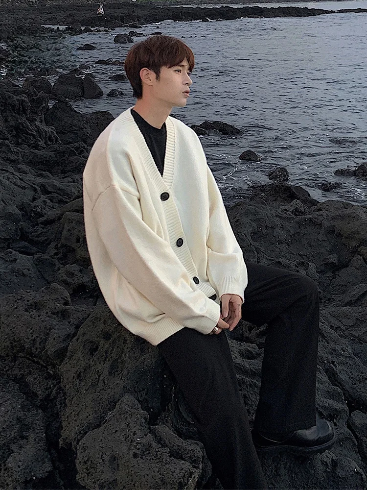 

V-Ne Open Cardigan Sweater Men's Loose Casual Knitted Outerwear Autumn Faion Brand Rampo Pure Color Lazy Sle Streetwear