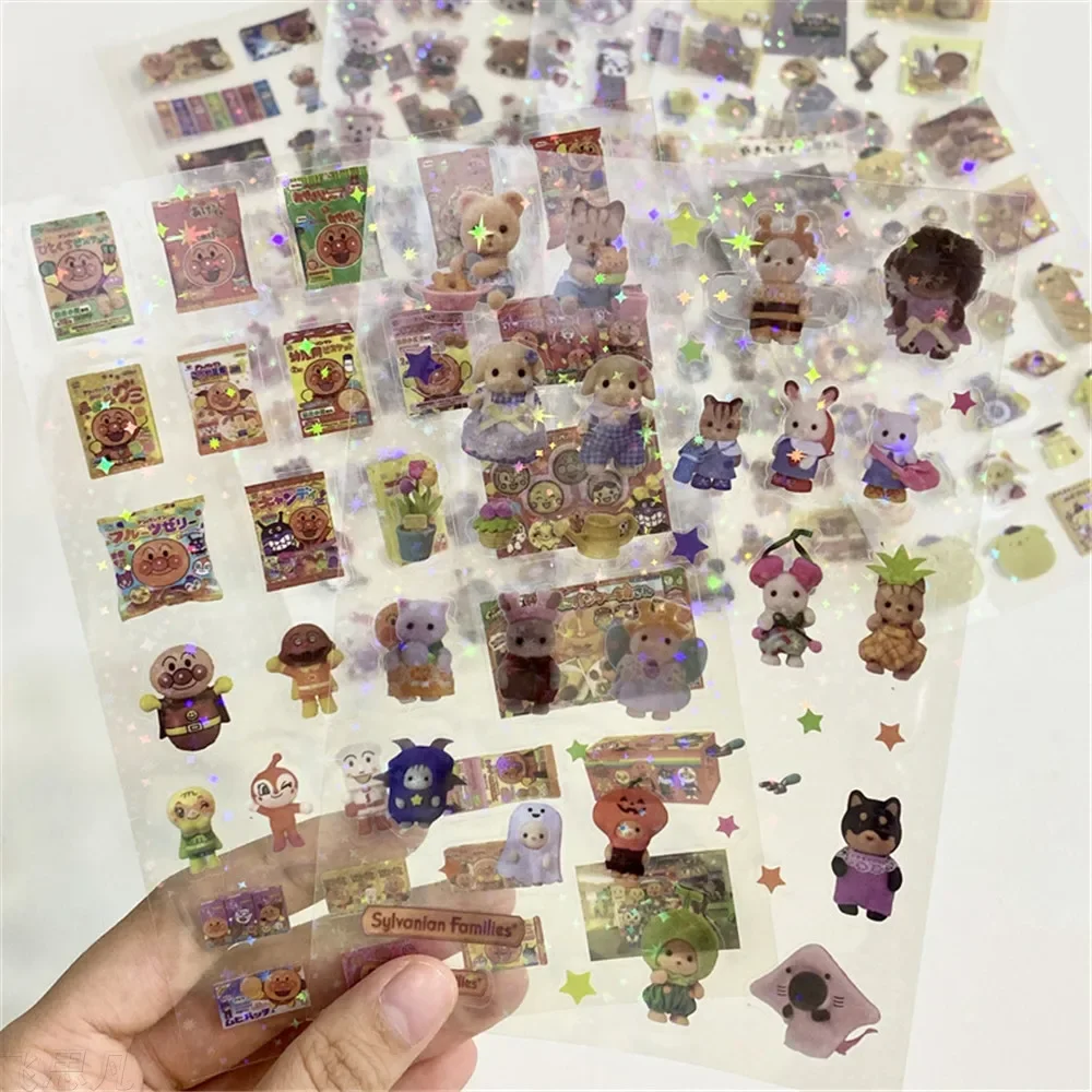 12Pcs Retro Glitter Stickers Transparent PET Cut Film Toploader Scrapbooking Deco Stickers Kawaii Journal Stickers