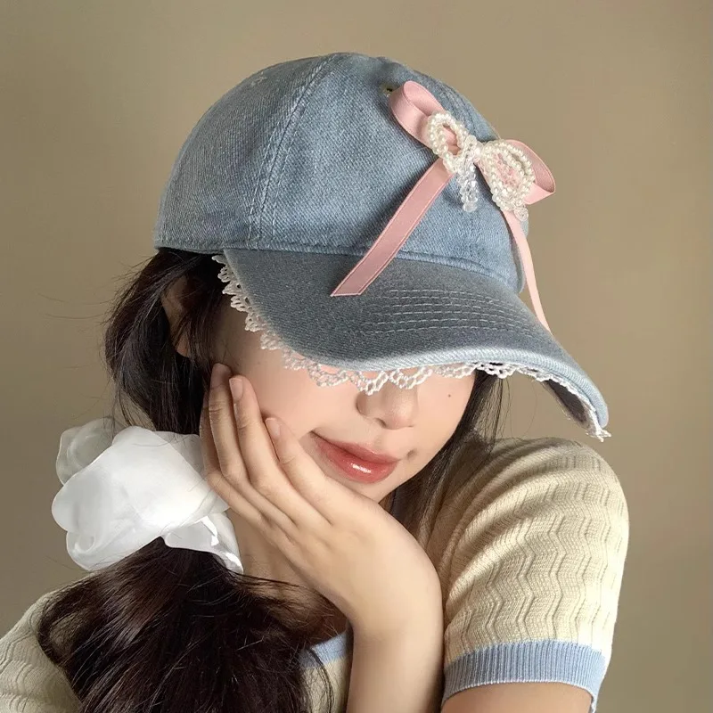 

Korean Lace-edged Denim Baseball Cap Women's Versatile Wide Brim Big Head Three-dimensional Pearl Bow Sunshade Sport Hat Gorras