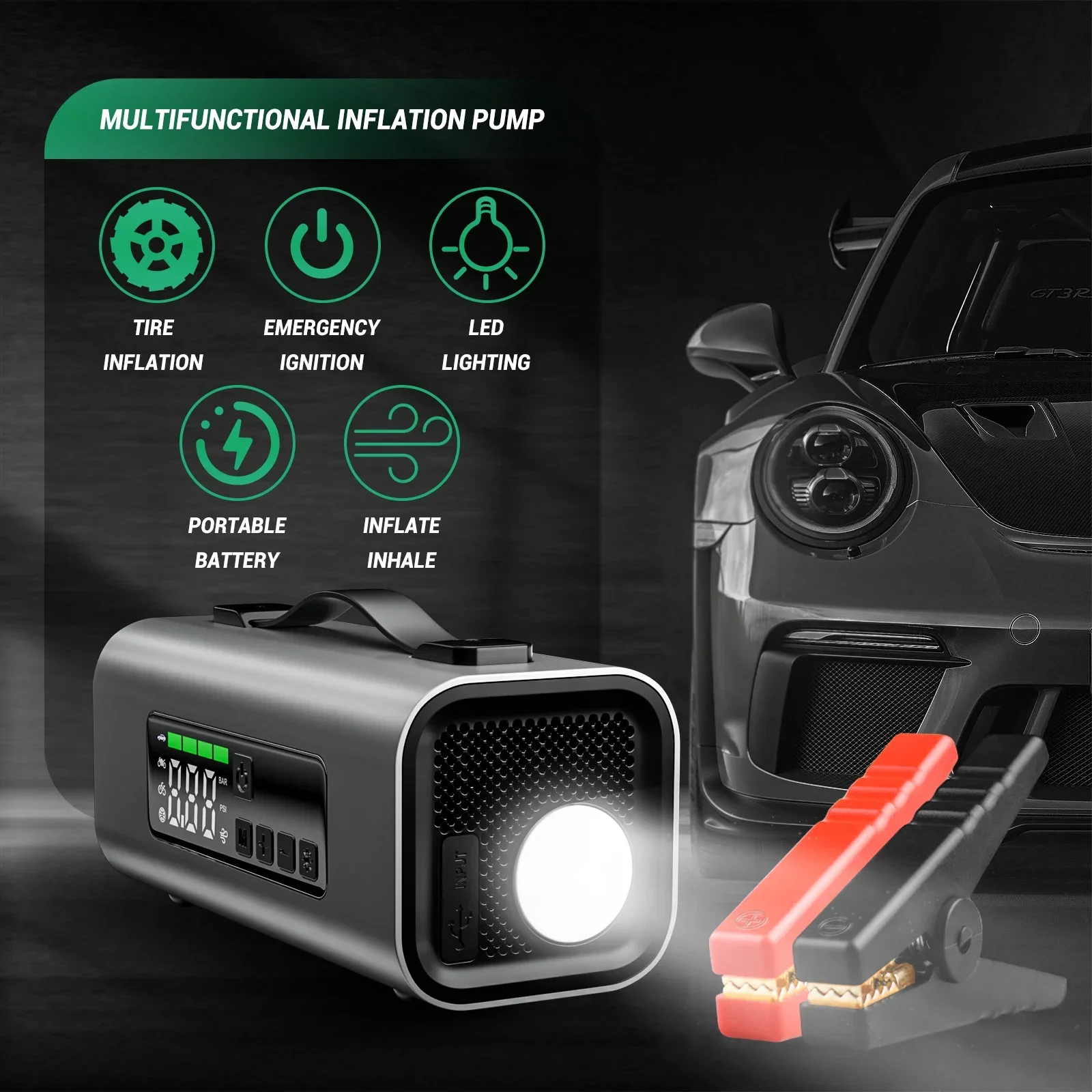 New Portable Safe Car Jump Starter with Air Compressor, Tire Inflator with Digital Screen Pressure Gauge Emergency Light