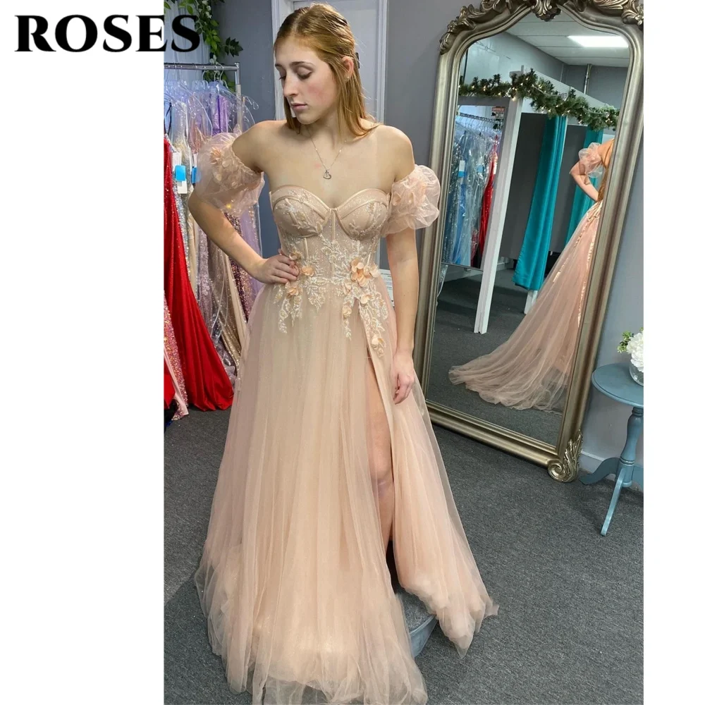 

ROSES Pink Sexy Side Split Party Dresses Sweetheart Puff Sleeve Prom Dress for Woman Embroidery Flowers Ball Gown with Fishbone