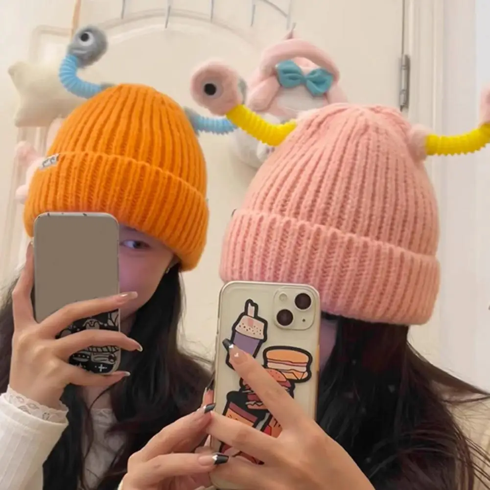 Luminous Led Light Little Monster Eyes Hat Beanie For Women Girls Cute Cartoon Antenna Winter Warm Funny Knitted Woolen Hat