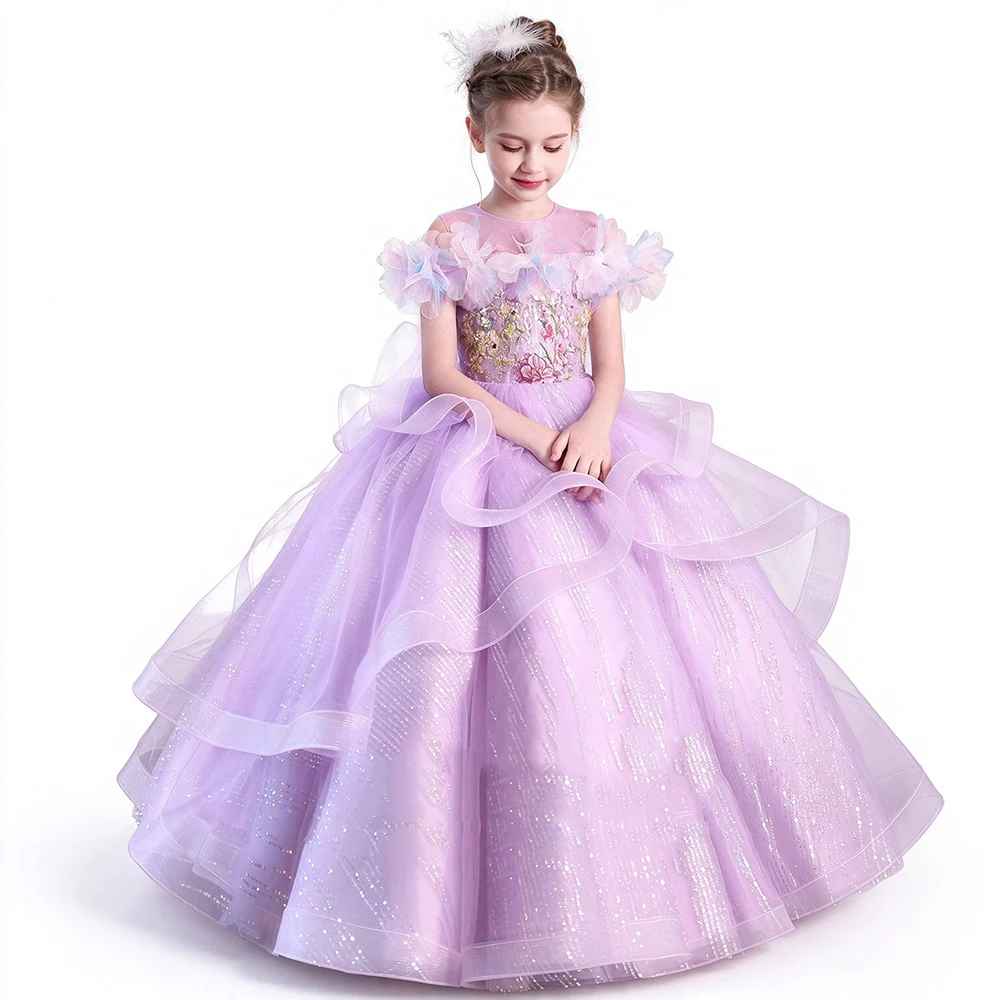 Lavender Girls Pageant Evening Birthday Party Dress Tulle Ruffle Appliques Off Shoulder Princess Prom Banquet Model Show Gown
