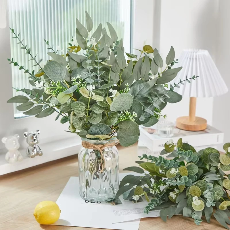 

20pcs Artificial Eucalyptus Leaves with Fruit Bouquet Fake Plants Bulk Silver Dollar Leaf Picks for Wedding and Decoration