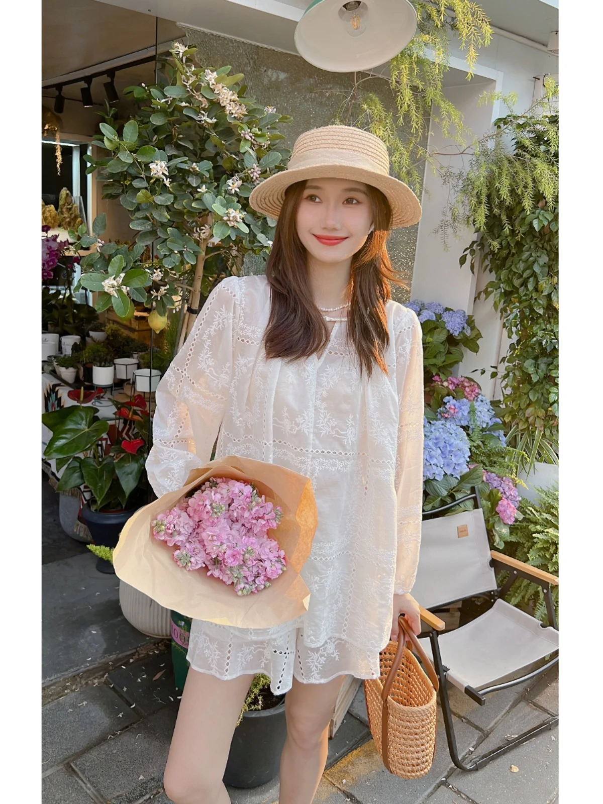 

Qiqi Home Lace irt Two-Piece Set Spring Summer New Loose orts Elastic Waist Hollow out Design Petite Size Ivory White