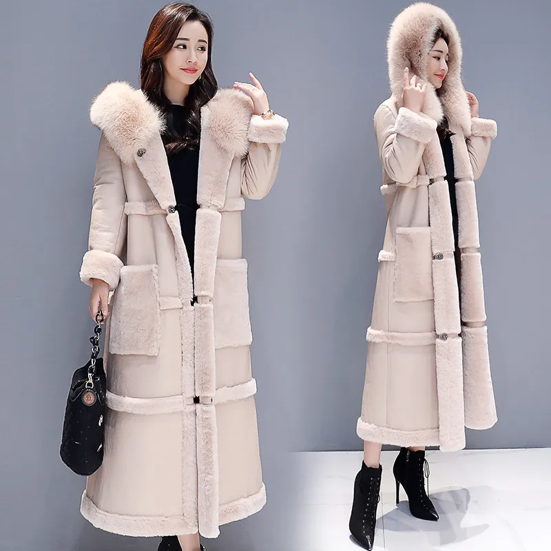 Bel nuovo inverno cappotto di pelliccia di agnello giacca da donna coreano grande collo di pelliccia sopra il ginocchio ecopelle spessa caldo cappotto lungo elegante femminile