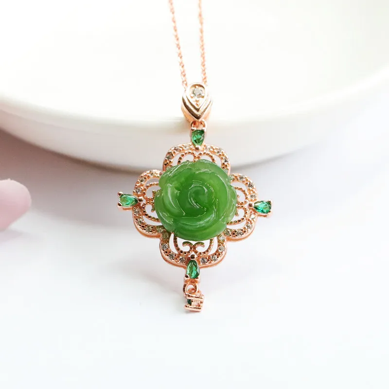 

JiaLe/S925 Silver Inlaid Natural Hetian Jade Pendant Jasper Rose Flower Necklace Pendant Fashionable Personality Girlfriend Gift