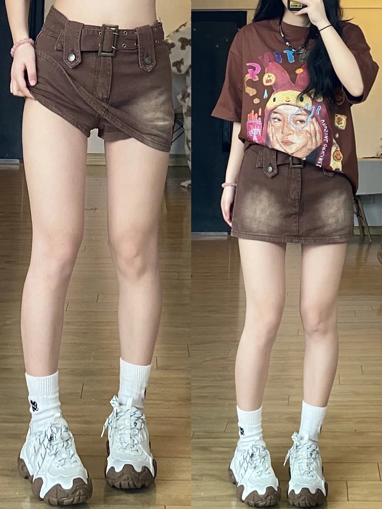 

Коричневая джинсовая юбка-шорты А-силуэта больших размеров для женщин, летняя, в американском ретро-стиле, с высокой талией, модная, с запахом, маленький размер