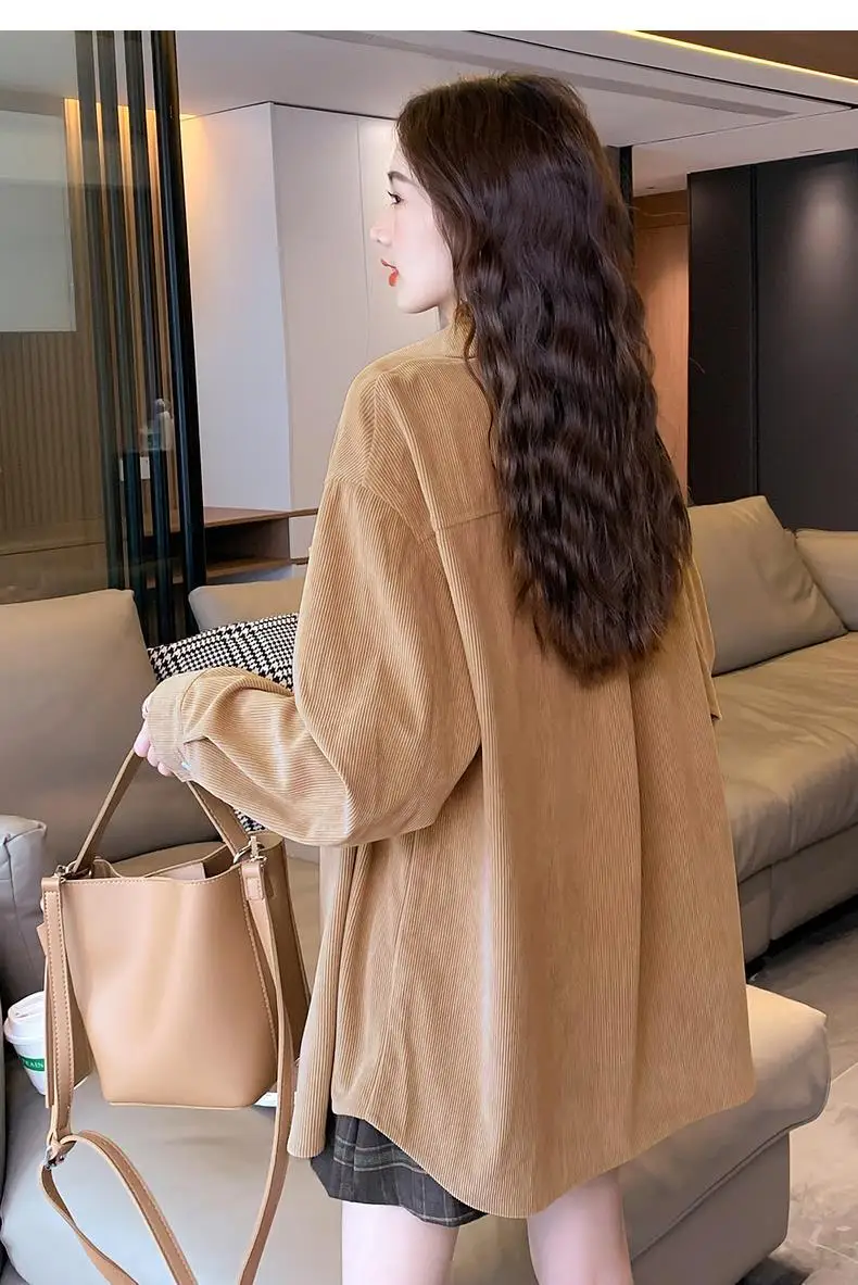 New Corduroy Shirt Jacket Women's Loose Hong Kong Style Shirt Casual Versatile Long Sleeved Women's Korean Version J