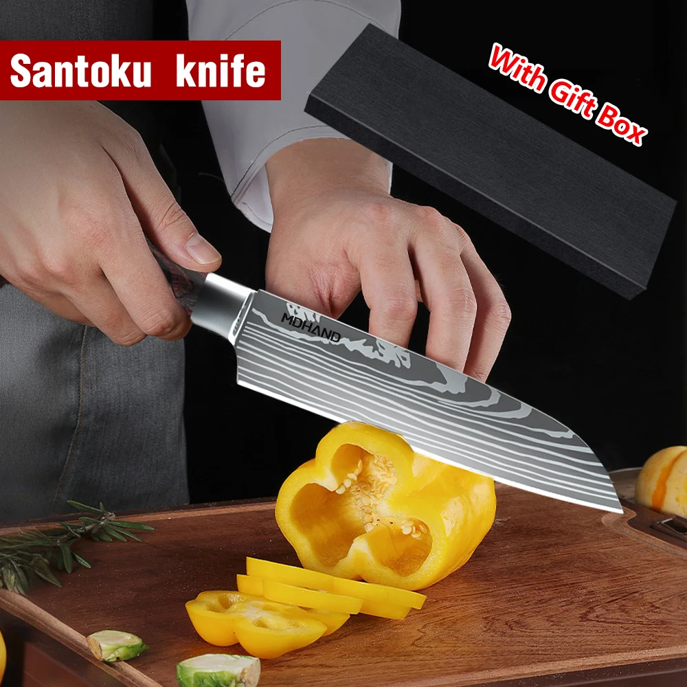 5 inch Santoku Knife Stainless Steel Sharp Slicing Chef Kitchen Knives Japanese Style Professional Cooking Tools Wood Handle