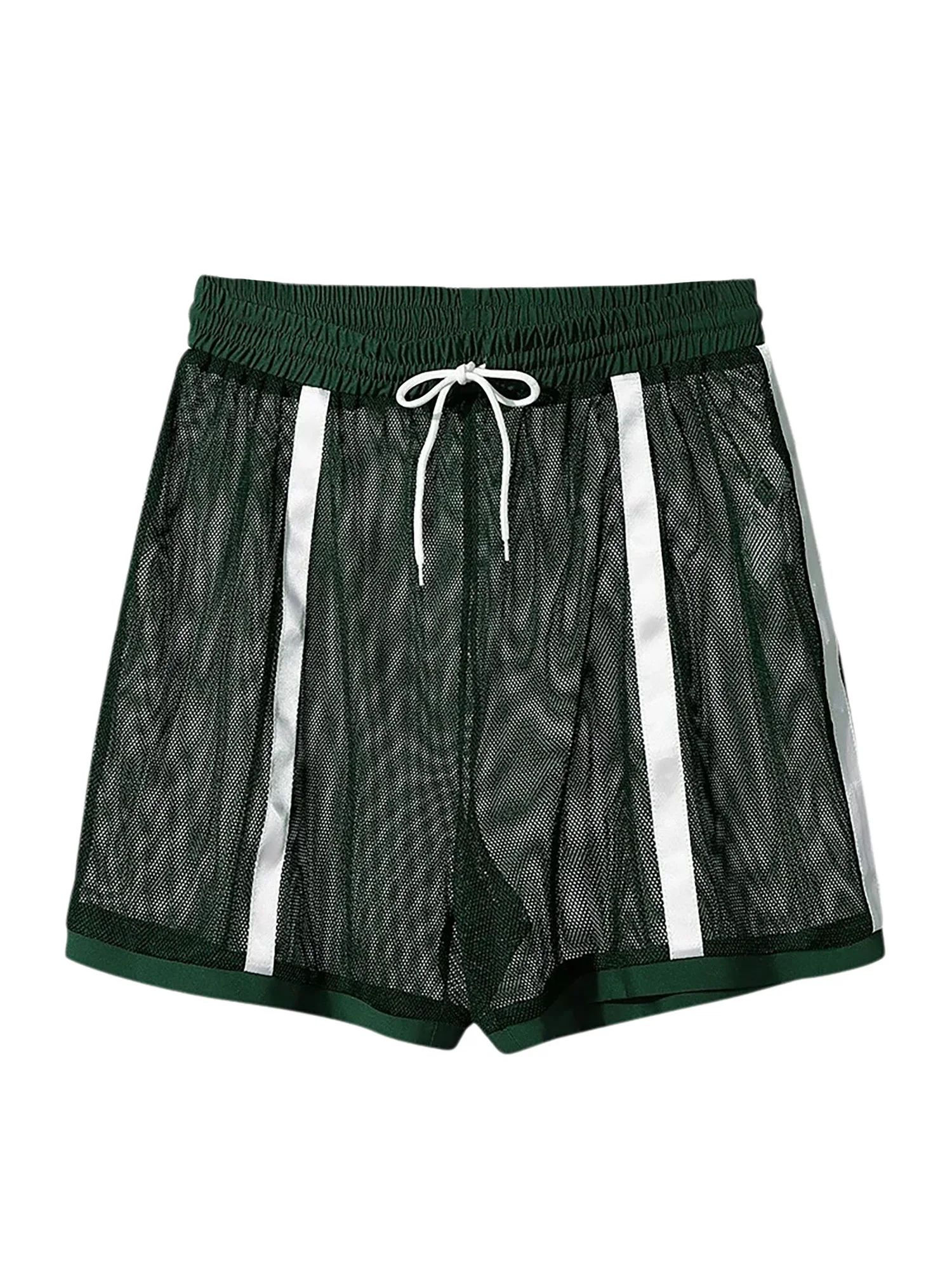 Men Athletic Mesh Shorts Hollow Out Drawstring Waistband Color Block Stripes Breathable Lightweight Quick Dry for Summer Sports