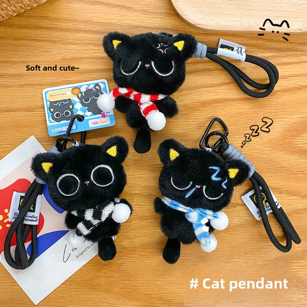 Porte-clés chat noir endormi mignon, écharpe à rayures douces, pendentif de sac de voiture, décoration de sac d'école