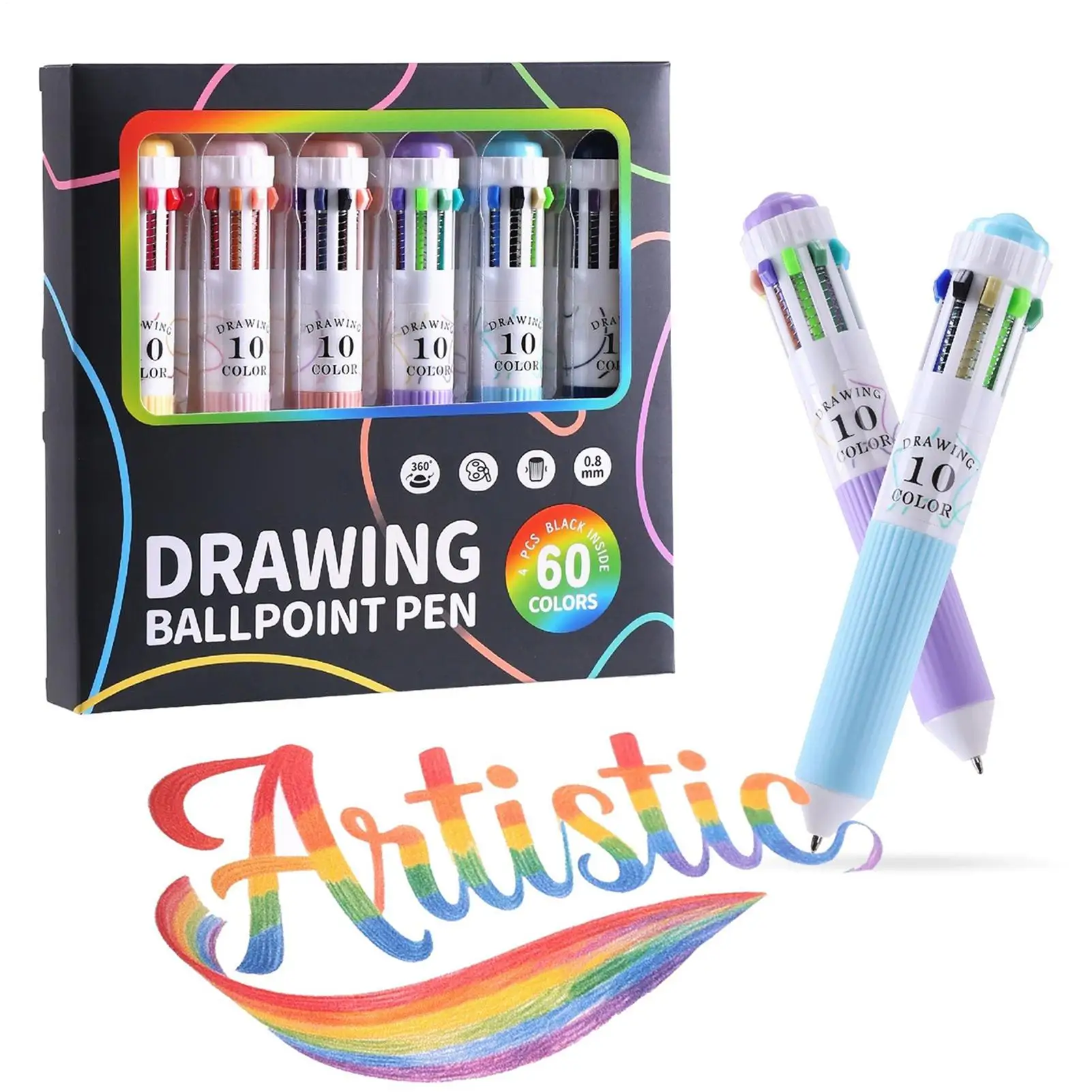 6 Pieces 10-in-1 Drawing Ballpoint Pen Set Fine Point Smooth Writing Retractable Ballpoint Pens Toy Office School Supplies