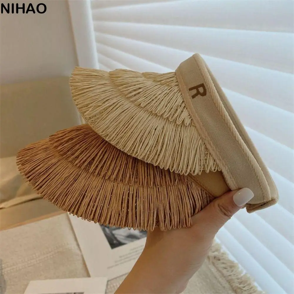 Trendy Designer Tassel Straw Hats Empty Top Summer Empty Top Sun Hat UV Protection Beach Sunshade Cap for Women