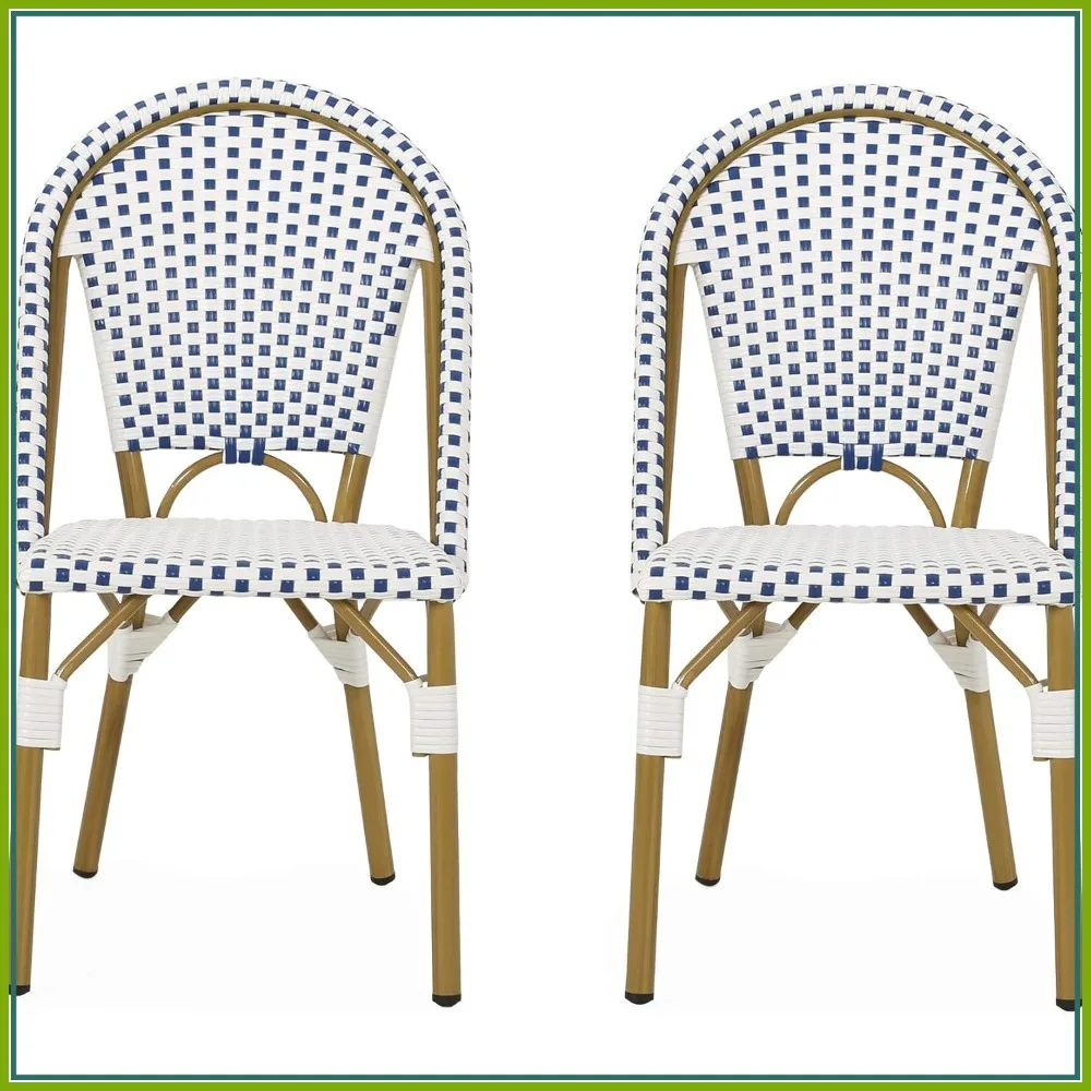

French Bistro Chair Set of 2, Blue White Bamboo Print Finish Outdoor Patio