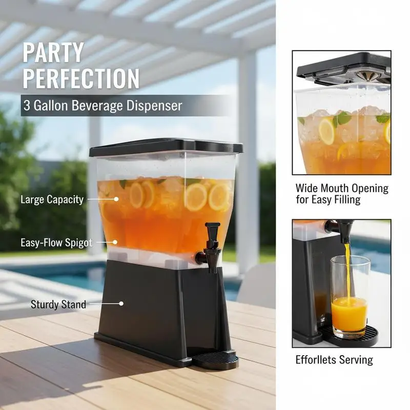 Liquid Container 3 Gallon For Restaurants Hotels Parties, Plastic Stand Spigot Lid Iced Tea Lemonade Juice Water Jugs