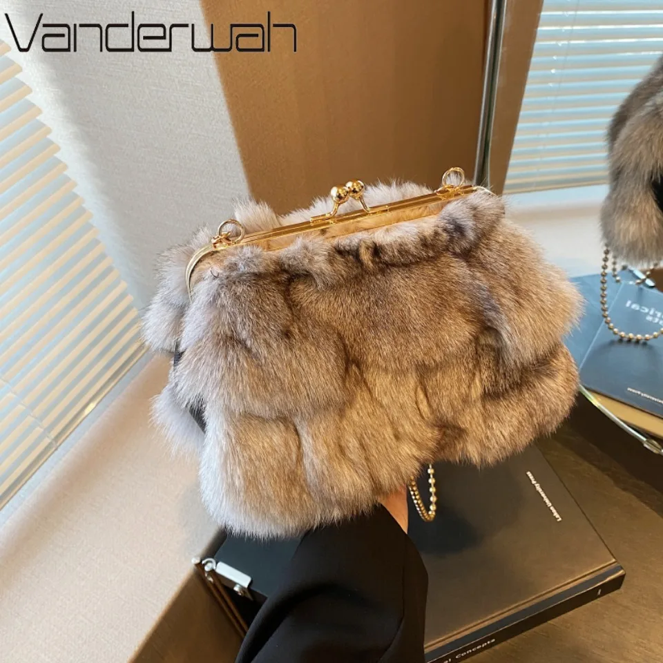 

Women's Winter Fluffy Faux Fox Fur Shoulder Crossbody Bag Luxury Gold Metal Frame Pearl Handbag for Evening Party Daily Use