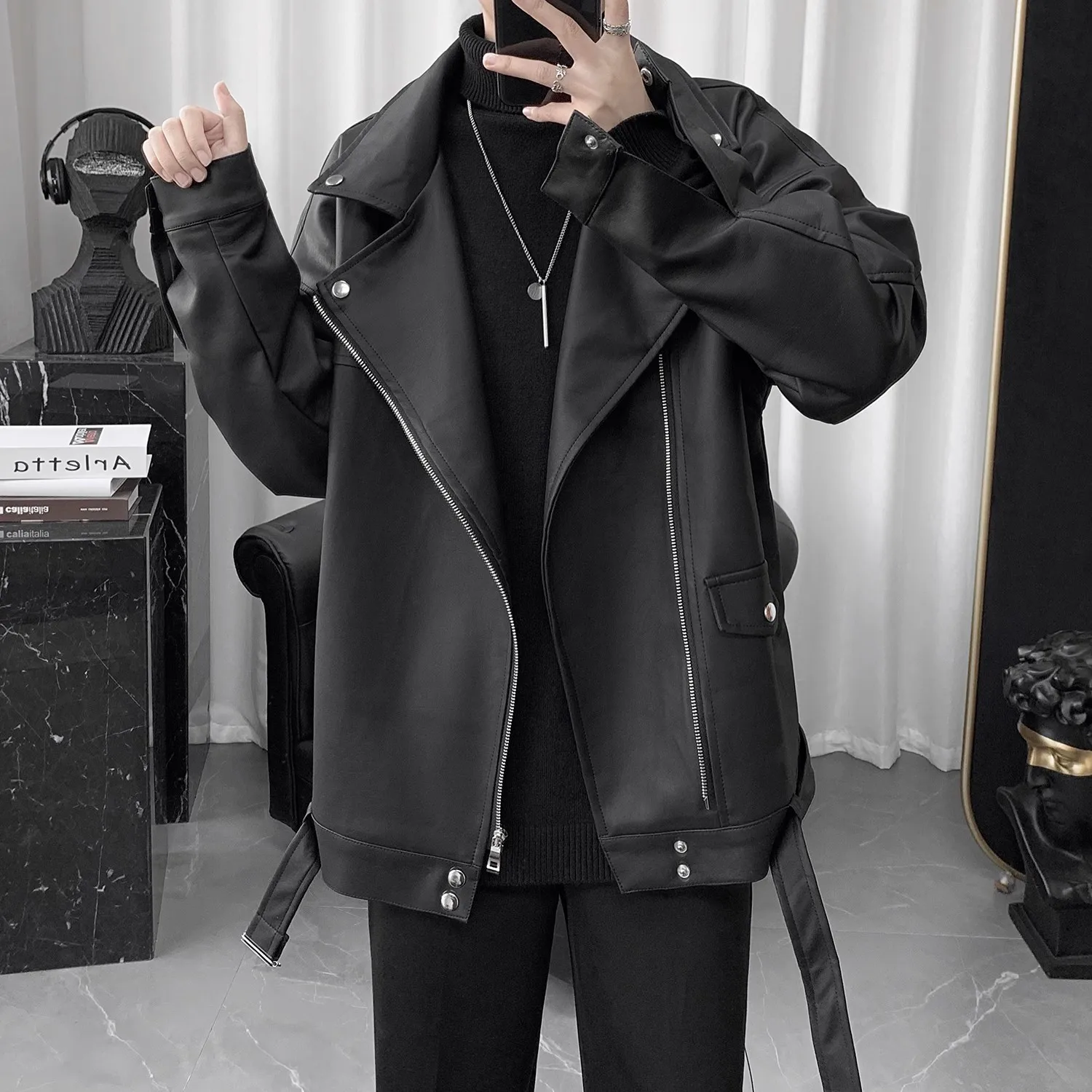 

Мужская кожаная куртка-косуха оверсайз (300 Pou) для подростков, весна-осень, американский стильный дизайн