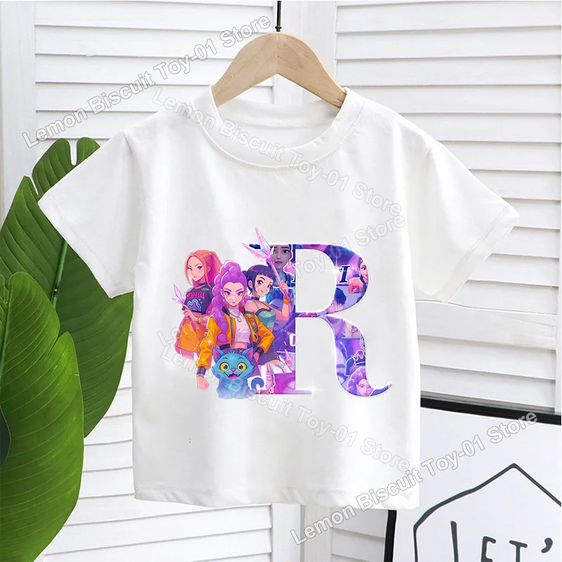 

KPop Demon Hunting Theme T-Shirt White Letter A-Z Printed Kid Clothes Short Sleeve Hot Movies Summer Girl Base Top Birthday Gift