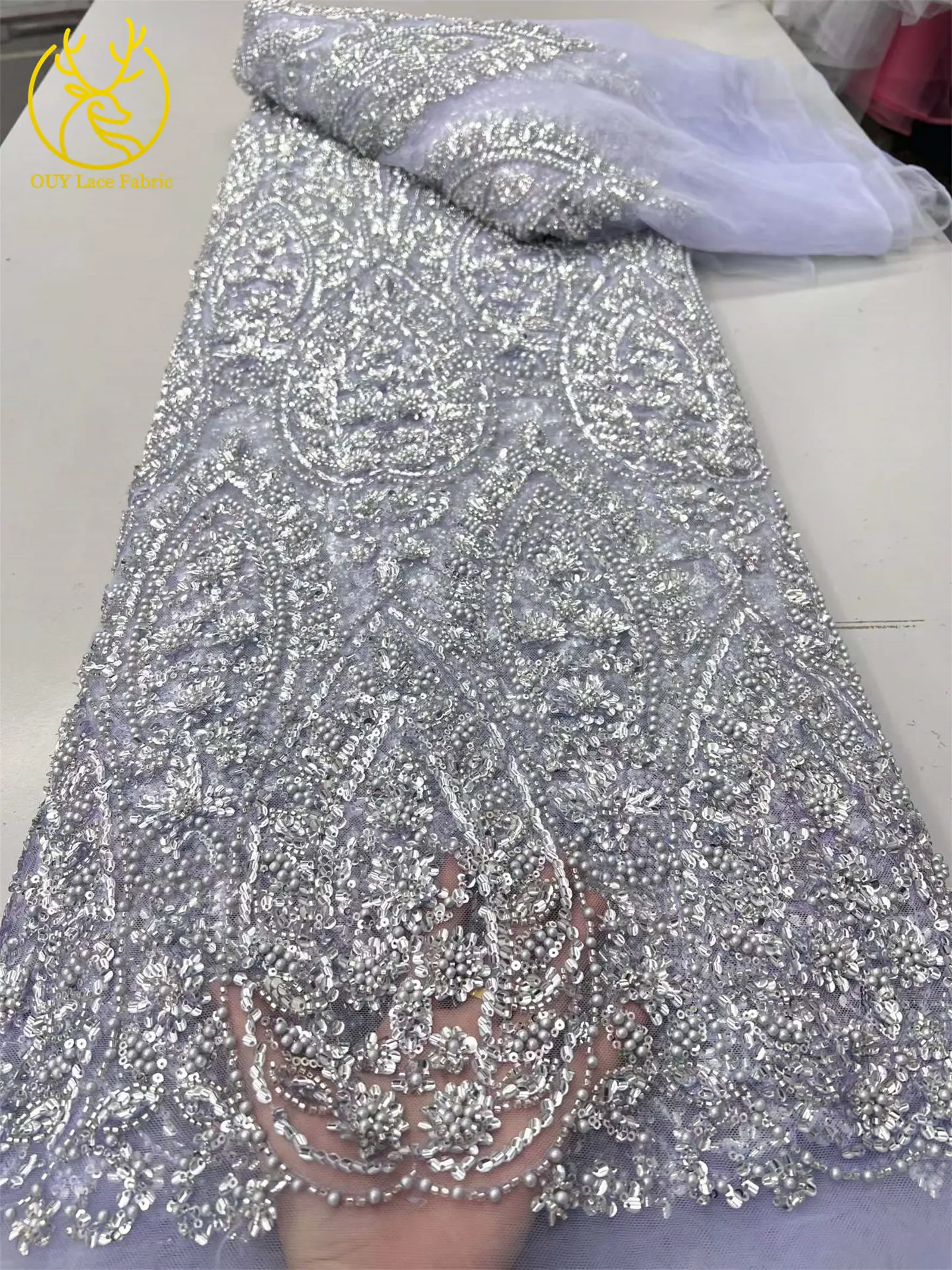 Nigerianischer Exquisiter Luxuriöser Spitzenstoff 2026, 5 Yards Afrikanischer Spitzenstoff mit Französischen Pailletten und Perlen, Tüllstoff für Kleider und Näharbeiten – Detail 8