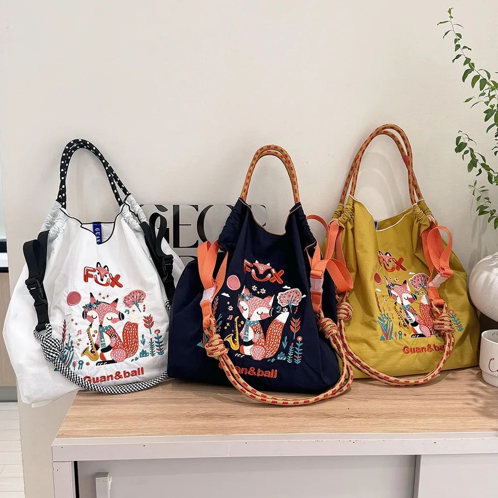 Japanese Style Fox Ball Chain Nylon Tote Bag, Large Capacity Shoulder Bag with Rope Handle, Casual Crossbody Bag for Daily Use