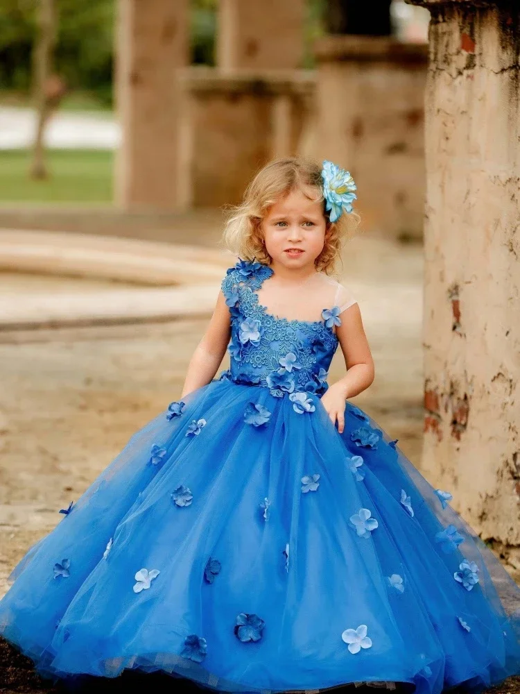 

Princess Royal Blue Flower Girl Dresses For Weddings Tulle Puffy Appliques Sleeveless Kids First Communion Gowns Custom