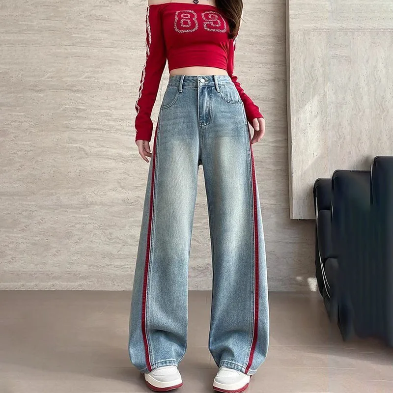 

Осень-зима, новые лоскутные джинсы с высокой талией, женские джинсовые брюки с вышивкой, женские повседневные джинсовые широкие брюки, 100 кг, S/5XL