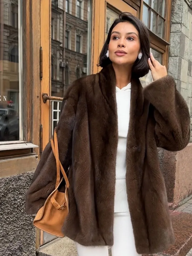 Women Fashion Elegant Lace Up Faux Fur Jacket Plush V-neck Long Sleeve Loose Warm Jackets Lady 2025 Winter Commute Street Coats