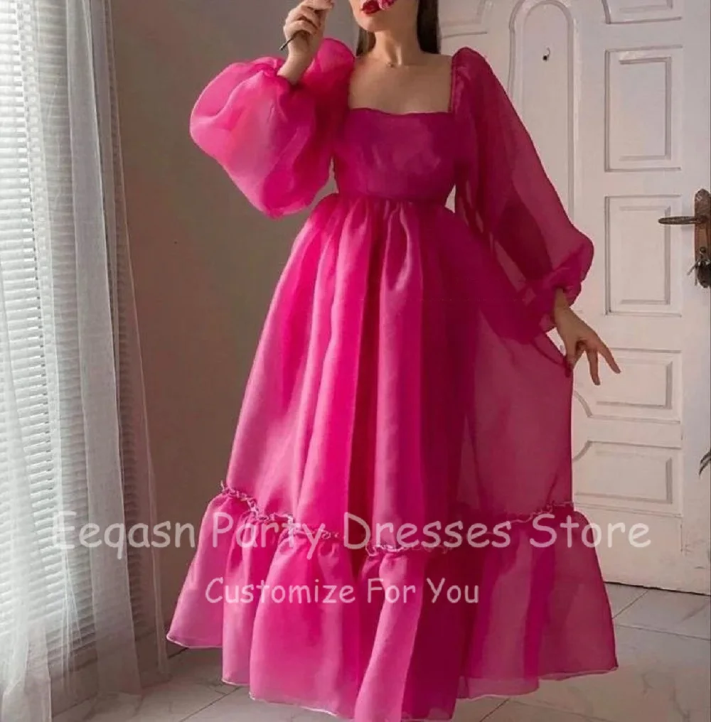 Customized Pink Organza Midi Women Prom Dresses Long Sleeve Ankle Length Homcoming Party Dress Formal Evening Gowns Club Outfits