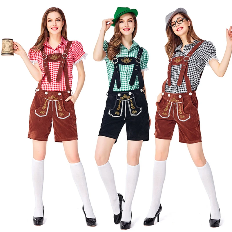 

Germany Women Oktoberfest Costume Embroidered Suspenders Lederhosen and Plaid Shirt Suit Bavarian Carnival Cosplay Party Dress