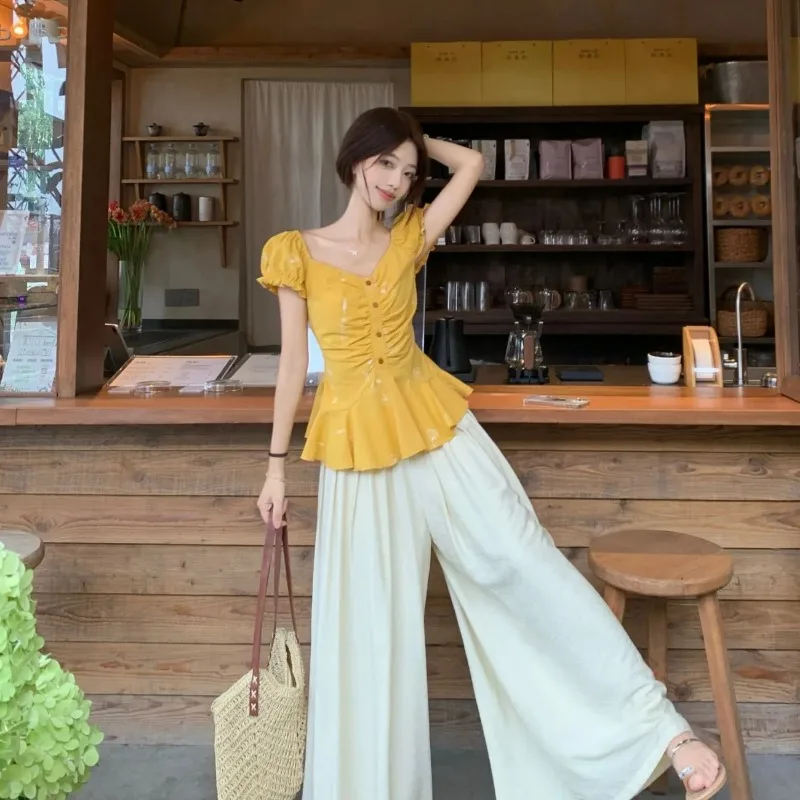 

Women's Two-Piece Set Yellow Puff Sleeve Peplum Blouse & White Wide Leg Pants Casual Summer Outfit