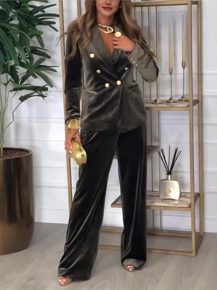 

Autumn And Winter Fashion Elegant Trousers Set Women's Commuting Style Double-breasted Suit Top Wide-leg Trousers Two-piece Set