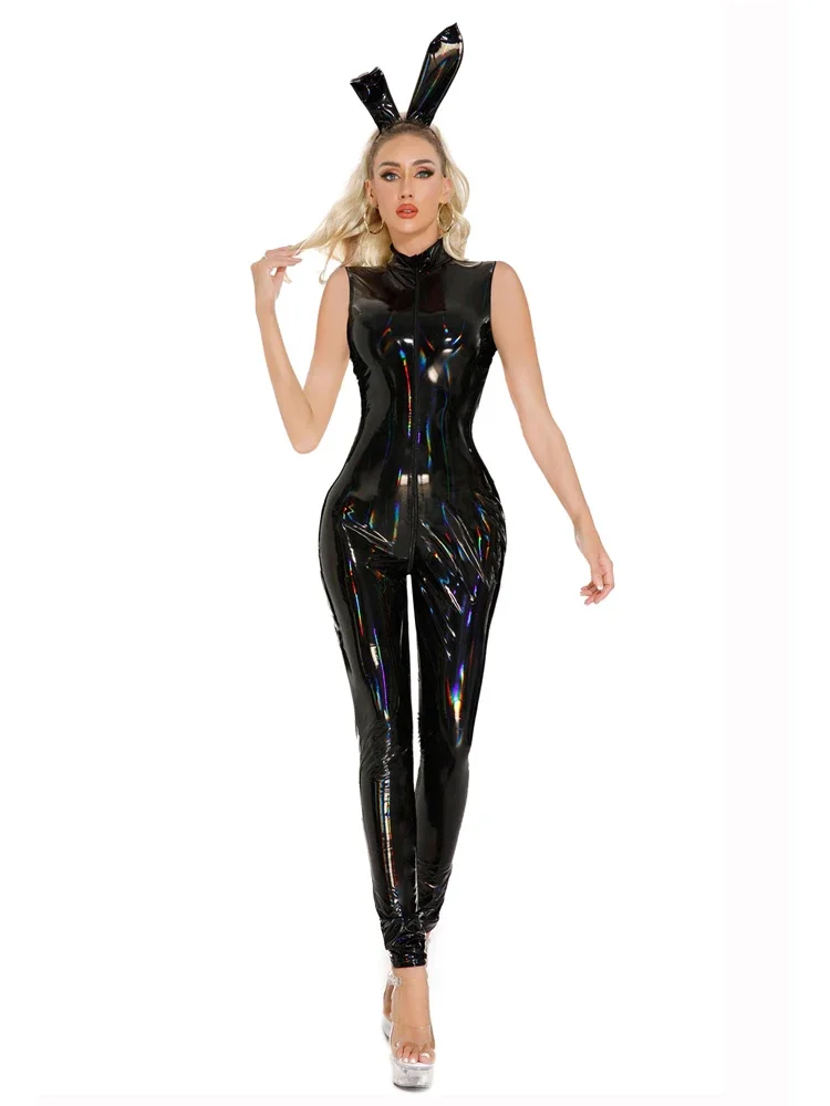 

Sexy Women Oil Shiny Bodysuit Elastic PU Faux Leather Cosplay Maid Sexy Tight Shaping Thong Open Bust Dance Shaper Wear