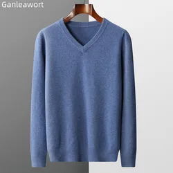 Sweater Men's Autumn And Winter New Thickened Pure Wool Knitted Pullover Korean Version Slim V-Neck Long-Sleeved Bottom Top 2023