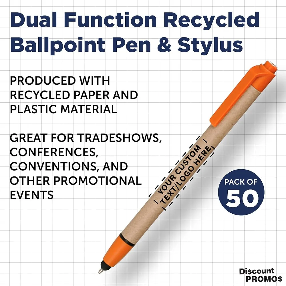 مجموعة أقلام حبر جاف مكونة من 50 قطعة قابلة للتخصيص - معاد تدويرها، قابلة للسحب، برتقالية مع خيار الشعار