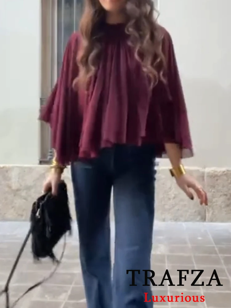 

TRAFZA Vintage Casual Chic Women Blouse Solid Bow Tierred O-Neck Bat Sleeve Shirts New Fashion 2025 Spring Summer Female Blouse